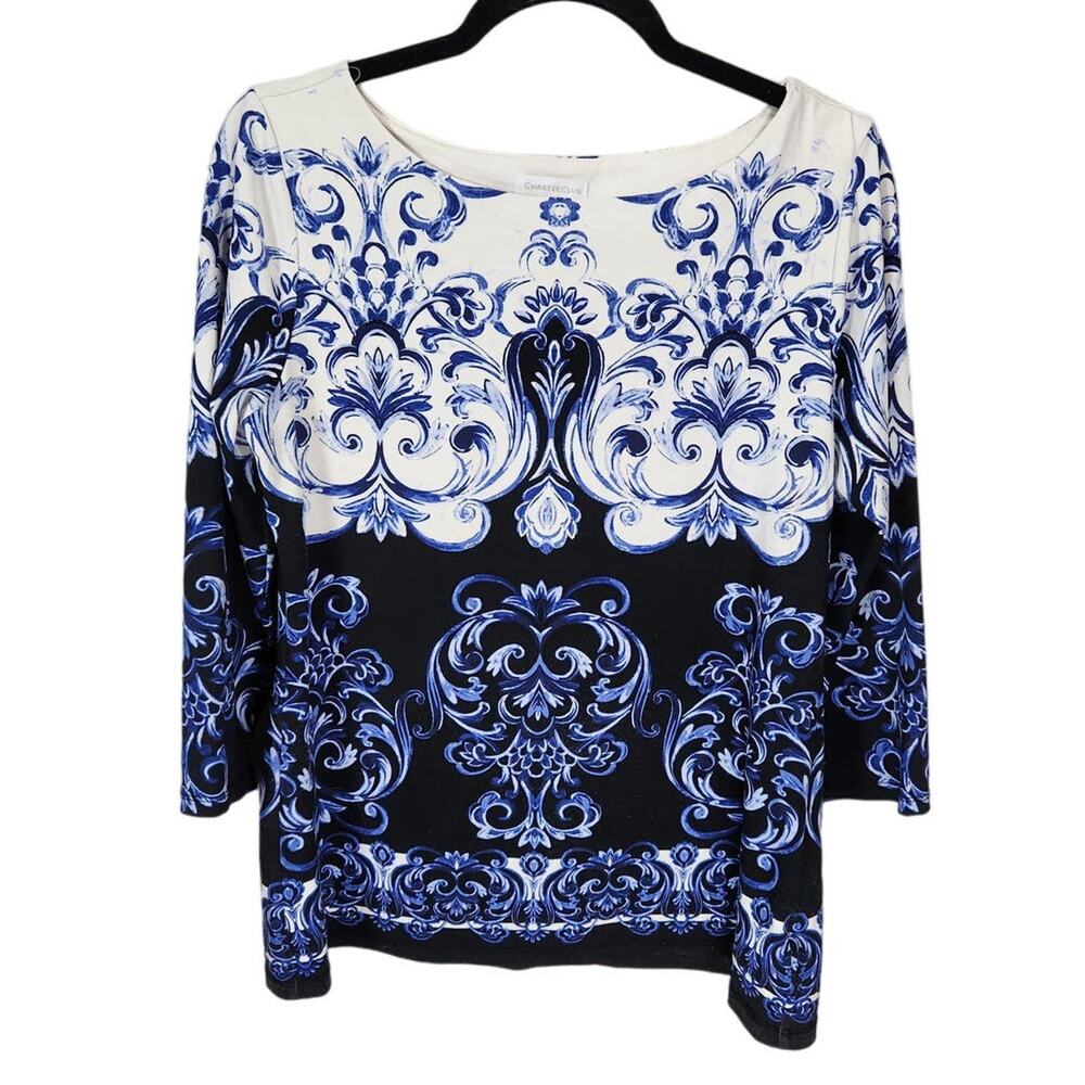 Charter Club Blue White 3/4 Sleeve Boatneck Blouse Womens S